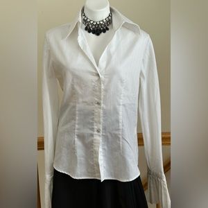 Farinaz Taghavi Luxury White PinStripes Blouse Collard. Rhinestone Butto…